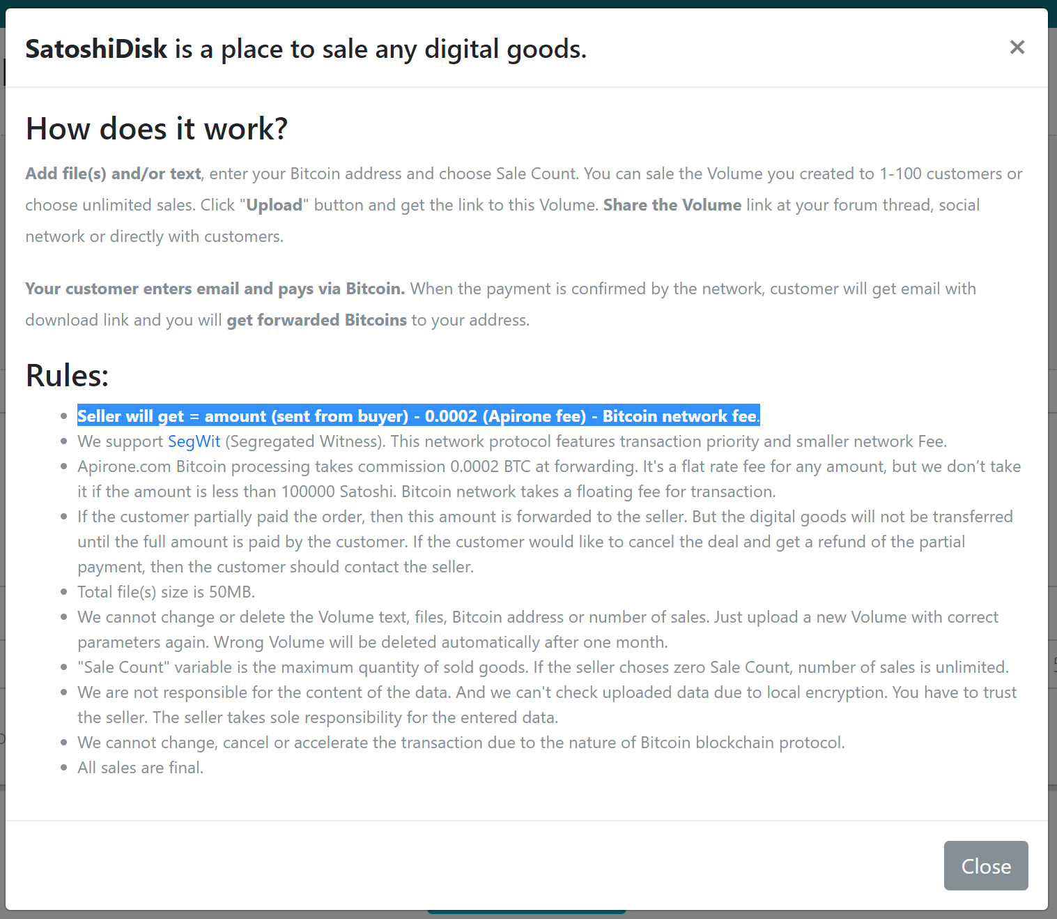 Screenshot of rules SatoshiDisk