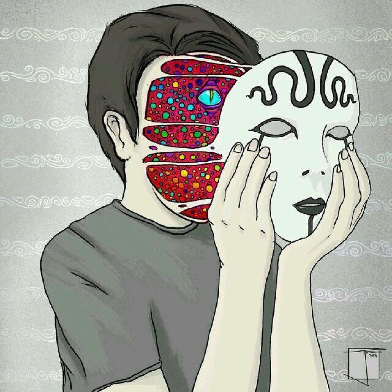 Маски депрессии. Психоделические маски. Человек в маске арт. Депрессивная психоделика. Психоделика маска.