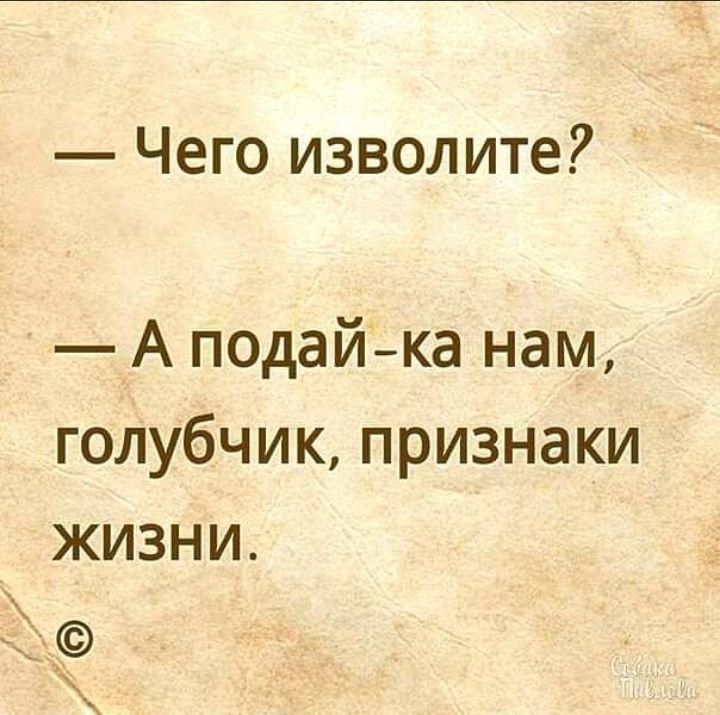 Не подает признаков жизни. Чего изволите. Подайте признаки жизни. Признаки жизни подавай. Подай мне признак жизни.