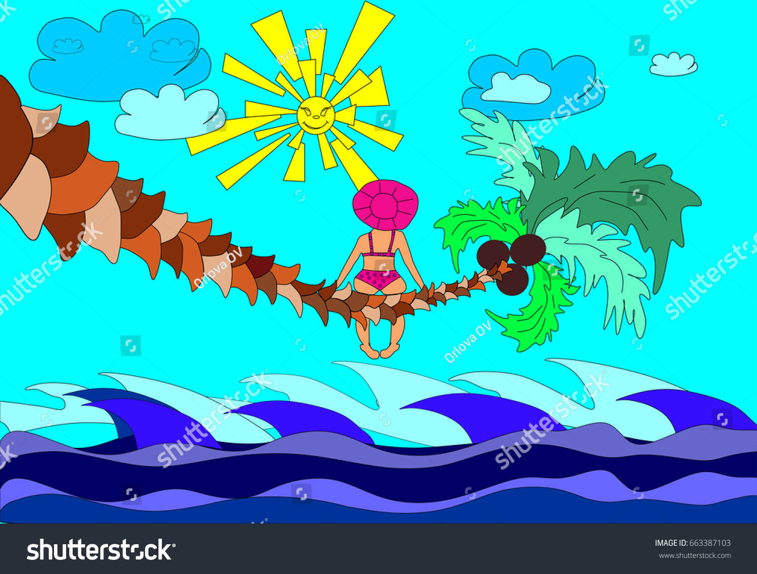 stock-vector-woman-in-swimsuit-sitting-back-on-palm-tree-over-the-sea-663387103.jpg